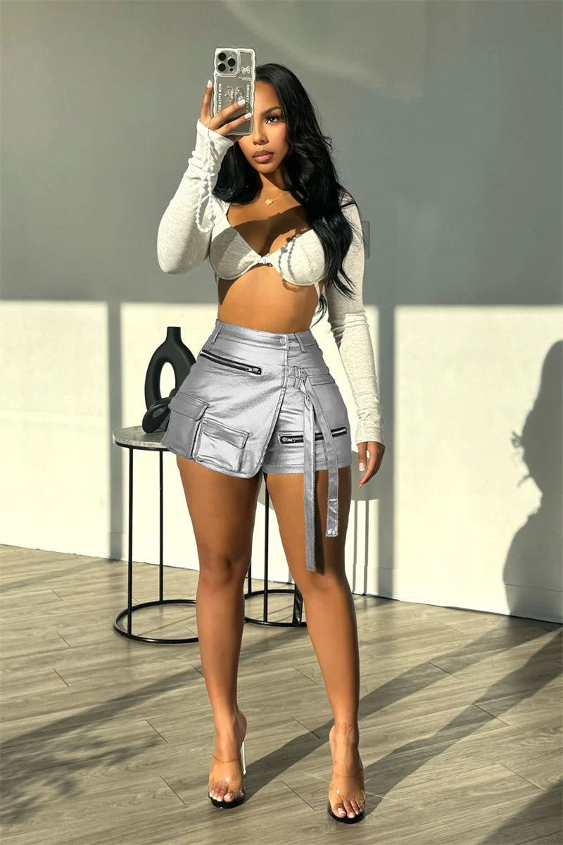 Shiny Metallic Irregular Shorts Skirts Women Y2K Clothing High Waist Button Fly Pockets Zipper Party Club Birthday Short Mujer