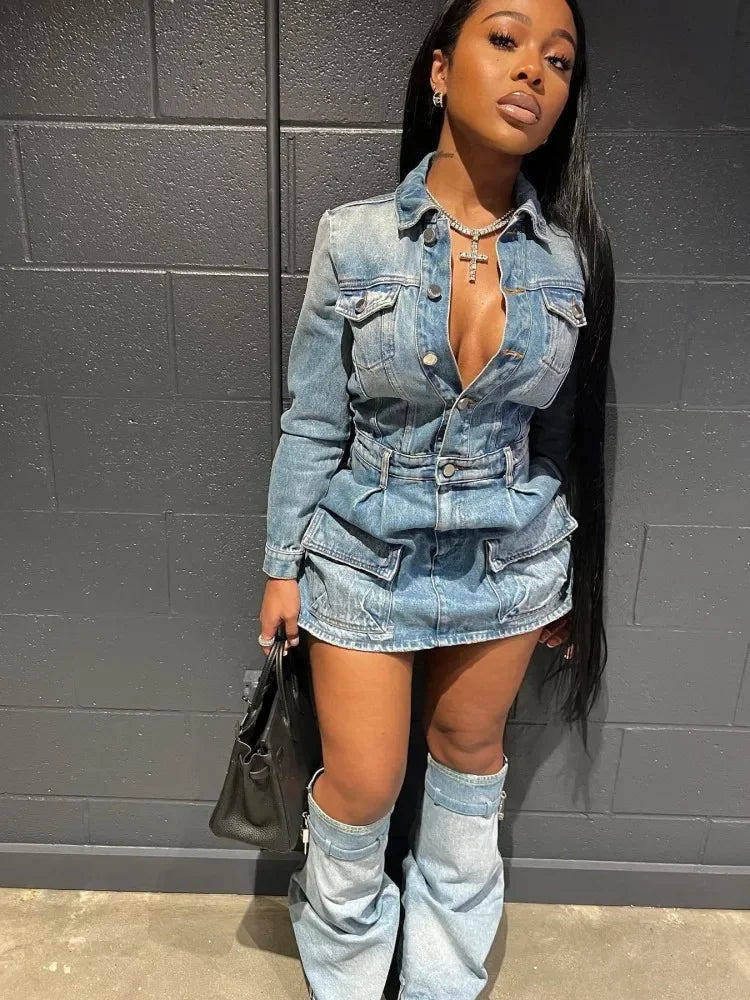 Trendy Chic Lapel Button Denim Three Piece Set for Women