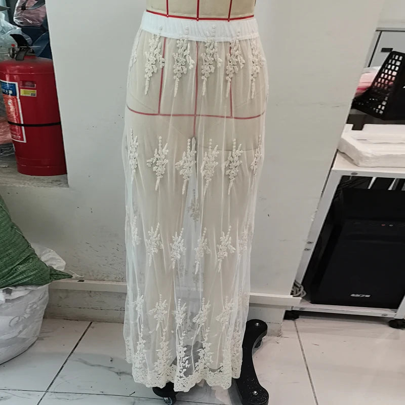 Boho Sheer Jacquard Lace Long Maxi Skirt for Women
