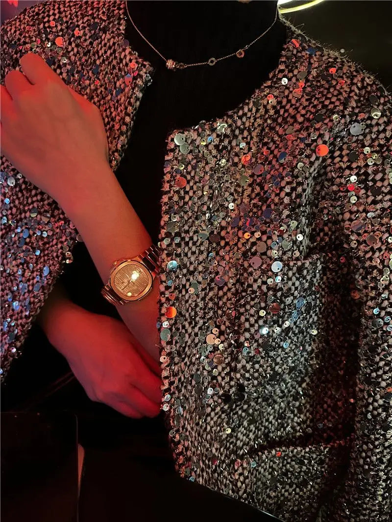 Elegant Sequined Tweed Button-Front Jacket for Women