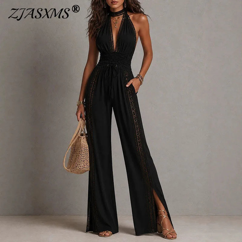 Sleeveless Halter Neck Ruched Wide Leg Jumpsuit for Women