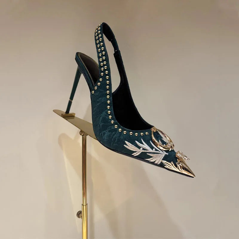 Design Women High Heel Metal Toe Embroidered High Heel Shoes Sexy Lady High Heel Gold Pointed Metal Toe Slingback Stilettos