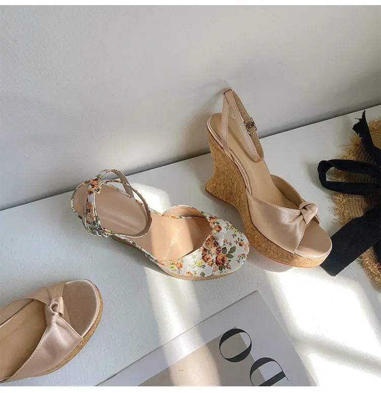 Summer Satin Peep Toe Slingback Wedge Platform Bow Sandals for Women