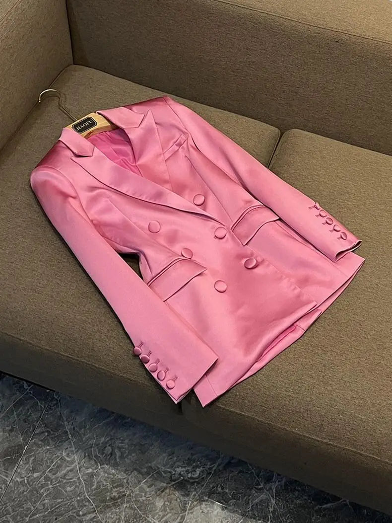 Elegant Pink Long Sleeve Blazer And Short Skirt Set For Women