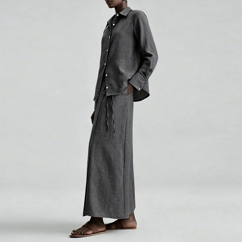 Loose Lapel Two Piece Shirt And Skirt Set for Women
