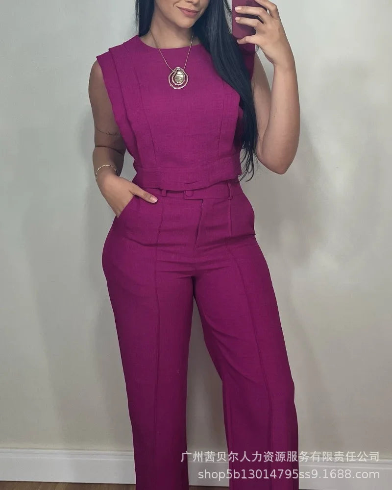 Two Piece Sets Women Pant Set Matching Sets Vest Short Tops High Waist Wide Leg Long Pants Casual Work Elegant Y2k Streetwear