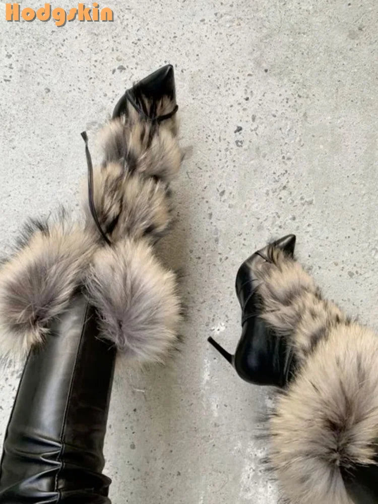 Faux Fur Lace Up Stiletto Knee High Boots for Women