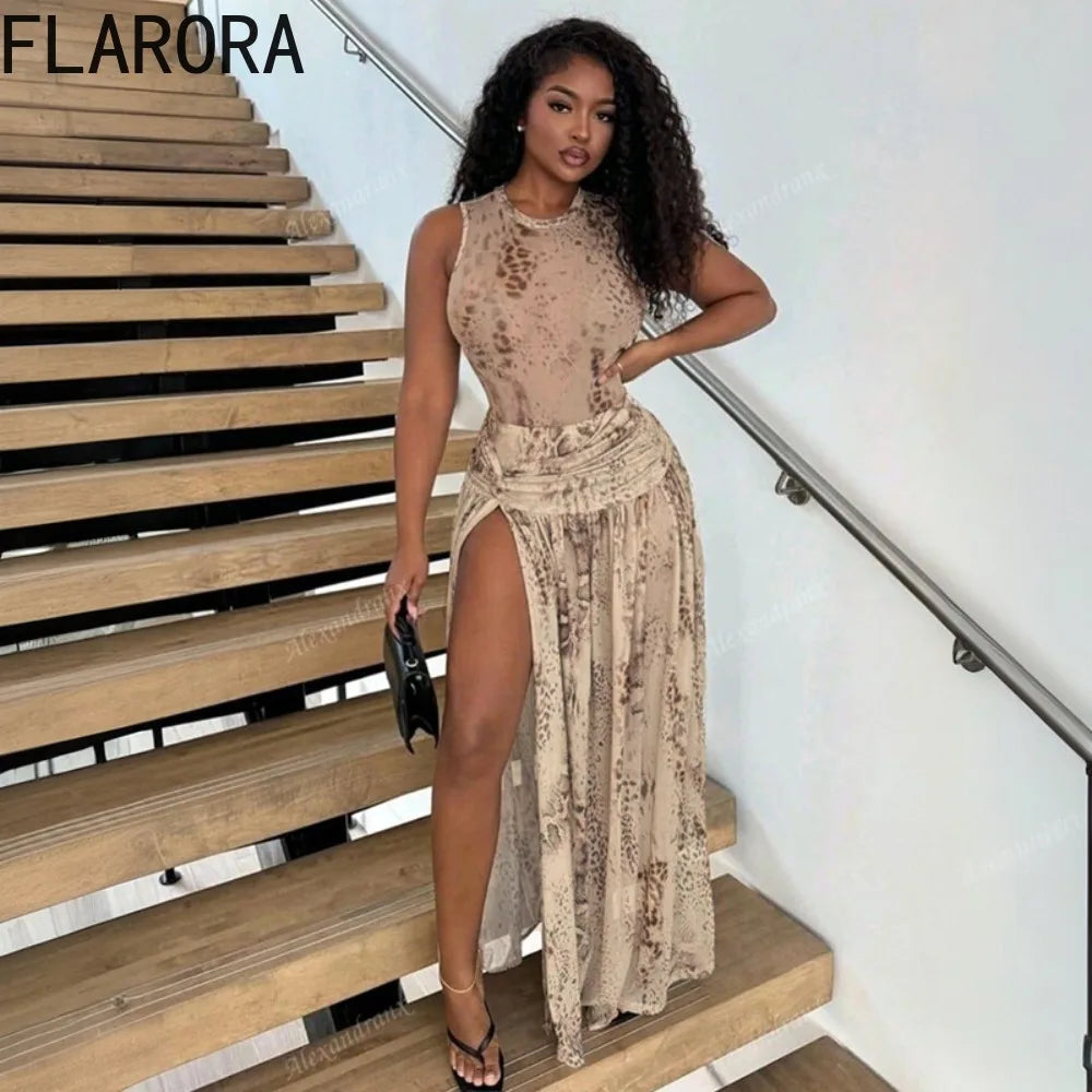 Leopard Print Bodysuit And Split Skirt Set for Women