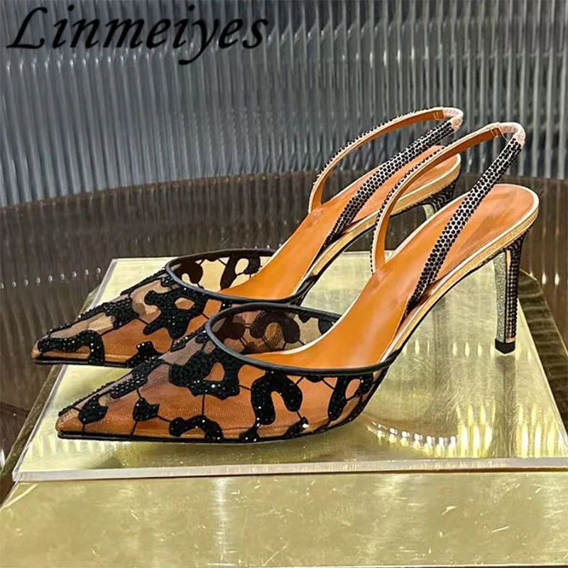 Rhinestone Mesh Pointed Toe Pumps