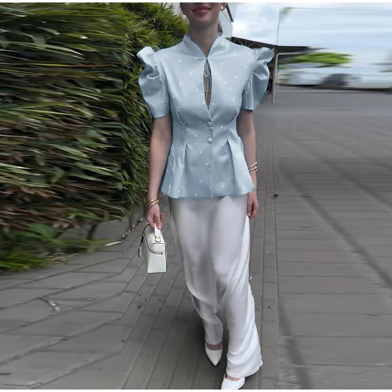 Elegant Printed Puff Sleeve Stand Collar Shirt for Women