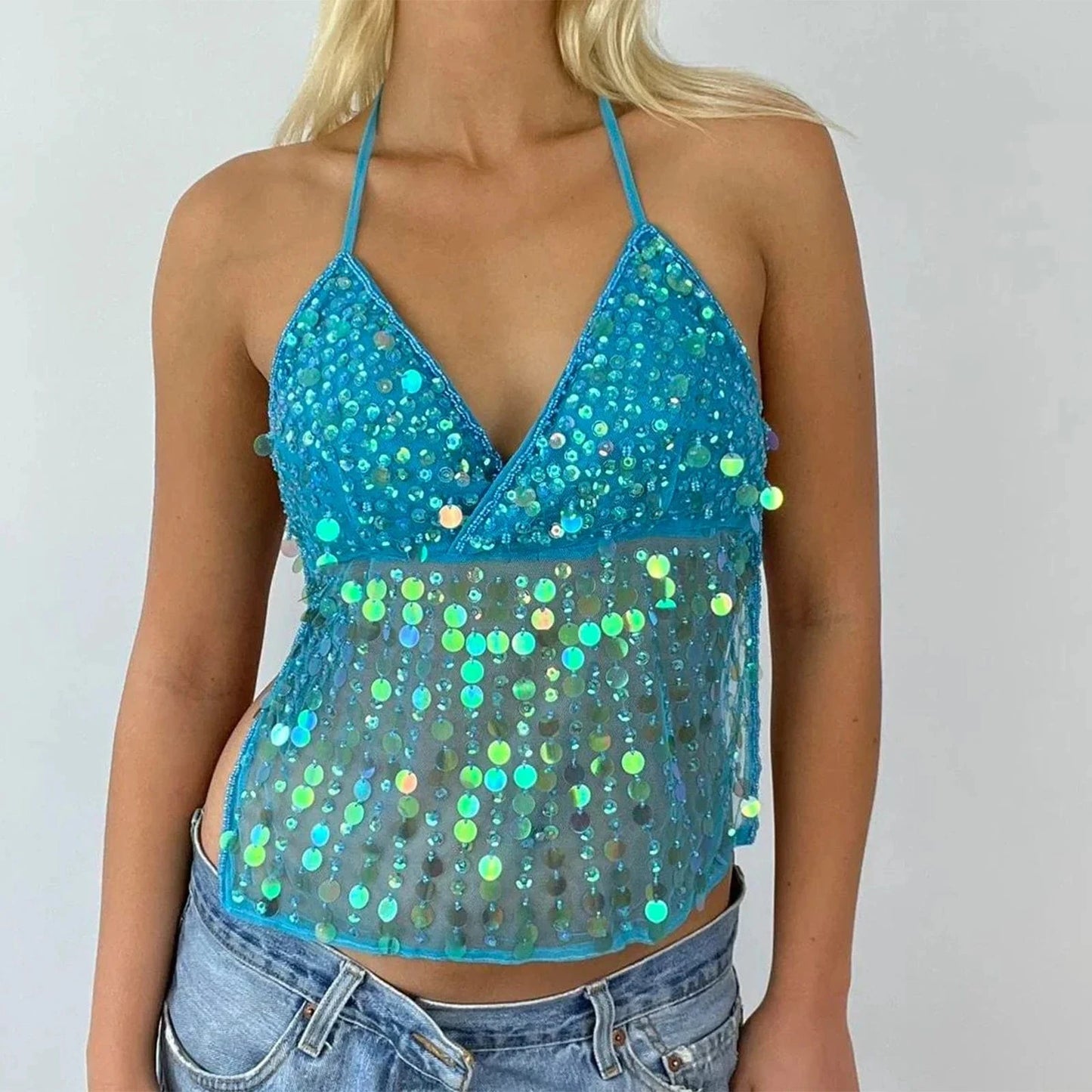 hirigin Women Sequin Halter Top Sexy Sleeveless Deep V Neck Glitter Tank Top Sparkle Backless Crop Top Summer Streetwear