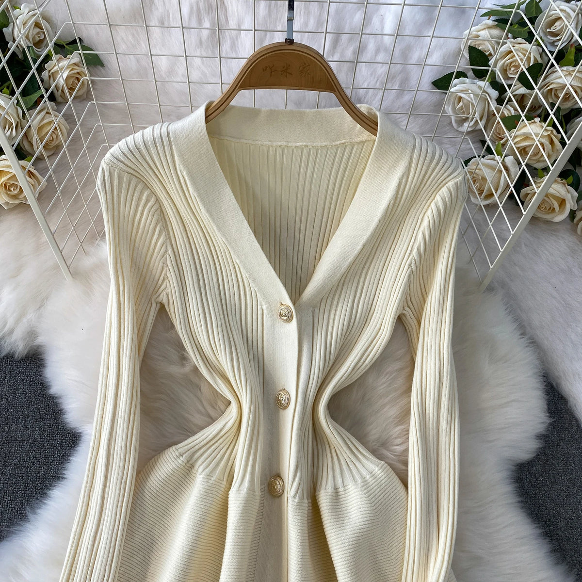 V Neck Knit A Line Long Sleeve Mini Dress for Women