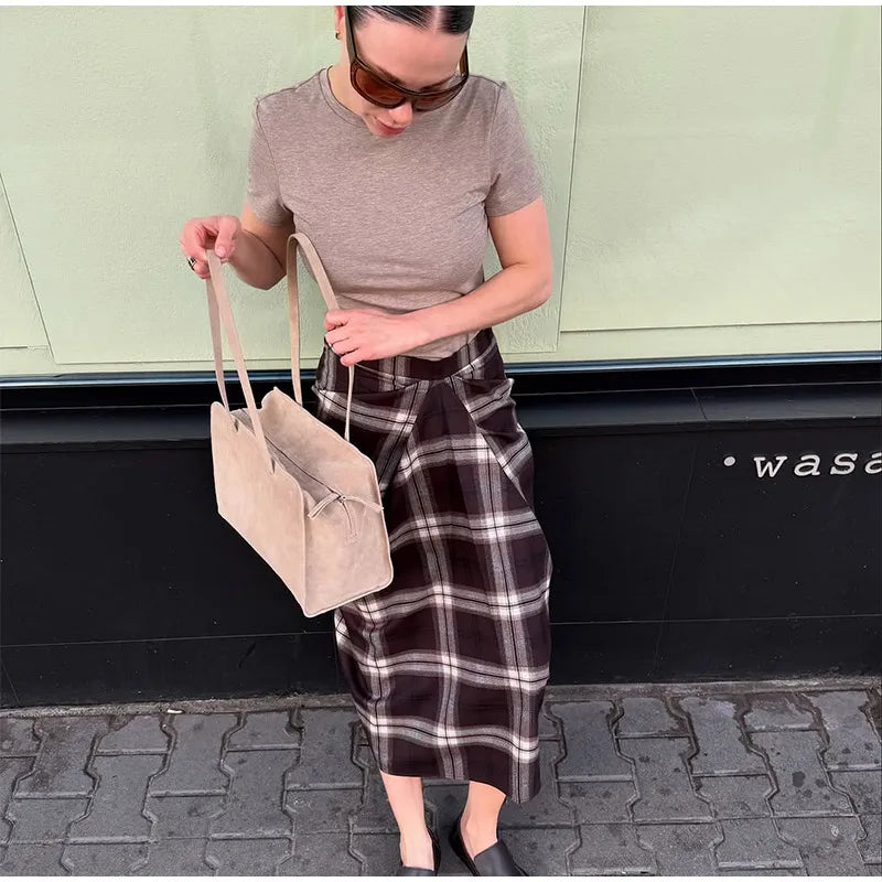 Women Checked Midi Skirt Fashion Casual Pleated Irregular High Waist Slim Mid-length Bottom Lady Daily New Commute Street Skirts