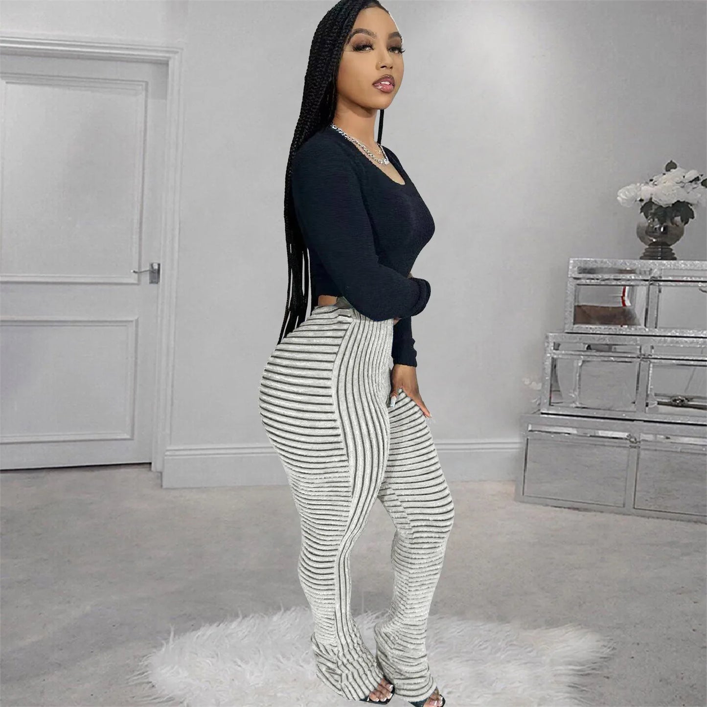 FAGADOER Stripe Plush Stacked Pants Women Casual Solid Color Fur Patchwork Flare Trousers Y2K Female Streetwear Bottoms 2025 New