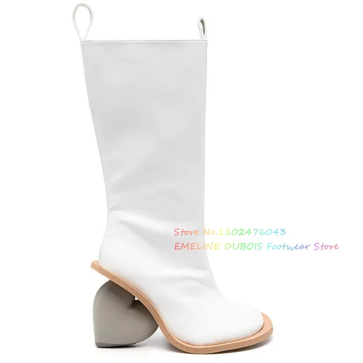 Black Leather Side Zip High Heart-Shaped Heel Knee High Boot Women Square Toe Double Pull-Tab Retro Long Boot for Ladies