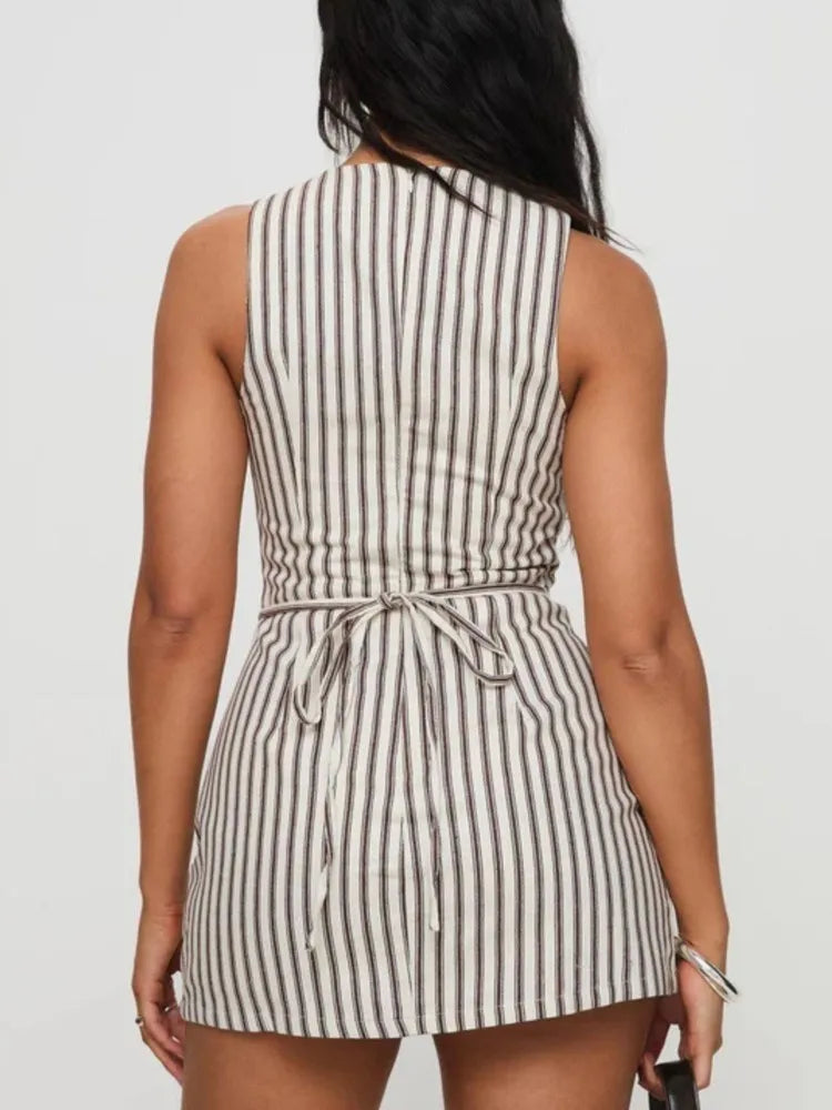 Casual Striped Print Crew Neck Sleeveless Mini Dress for Women