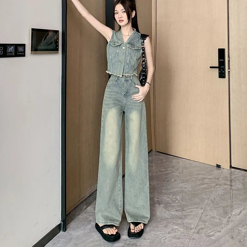 Frayed Denim Vest High Waisted Pants Set Sleeveless Jean Vest Top with Wide Leg Tapered Cropped Pants for Women Summer Outfit