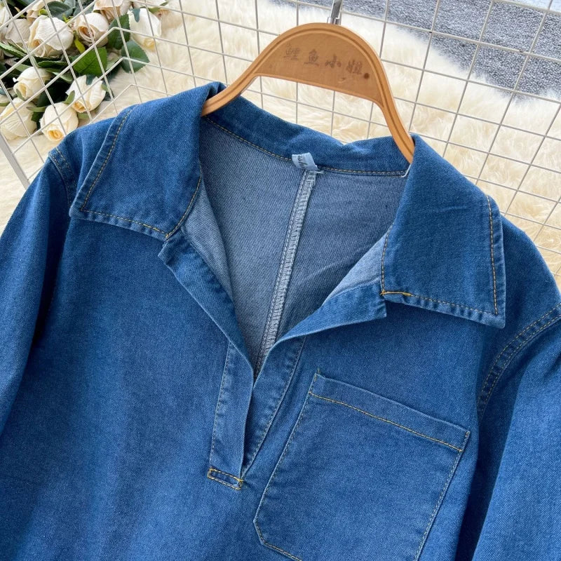 Vintage Long Sleeve Denim Shirt And Jeans Set for Women