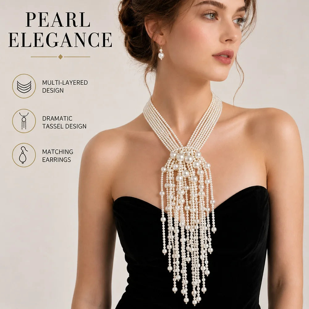 Elegant Layered Imitation Pearl Tassel Necklace for Women