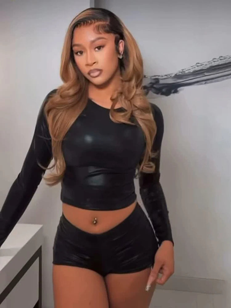 Silk Long Sleeve Two Piece Set Crop Top and Shorts for Women
