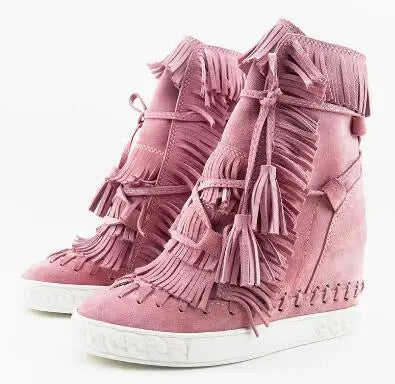 Girls Beige Black Gray Pink Suede Genuine Leather Round Toe Tassel Fringed 8 CM Height Increasing Wedges Sneakers Ankle Boots
