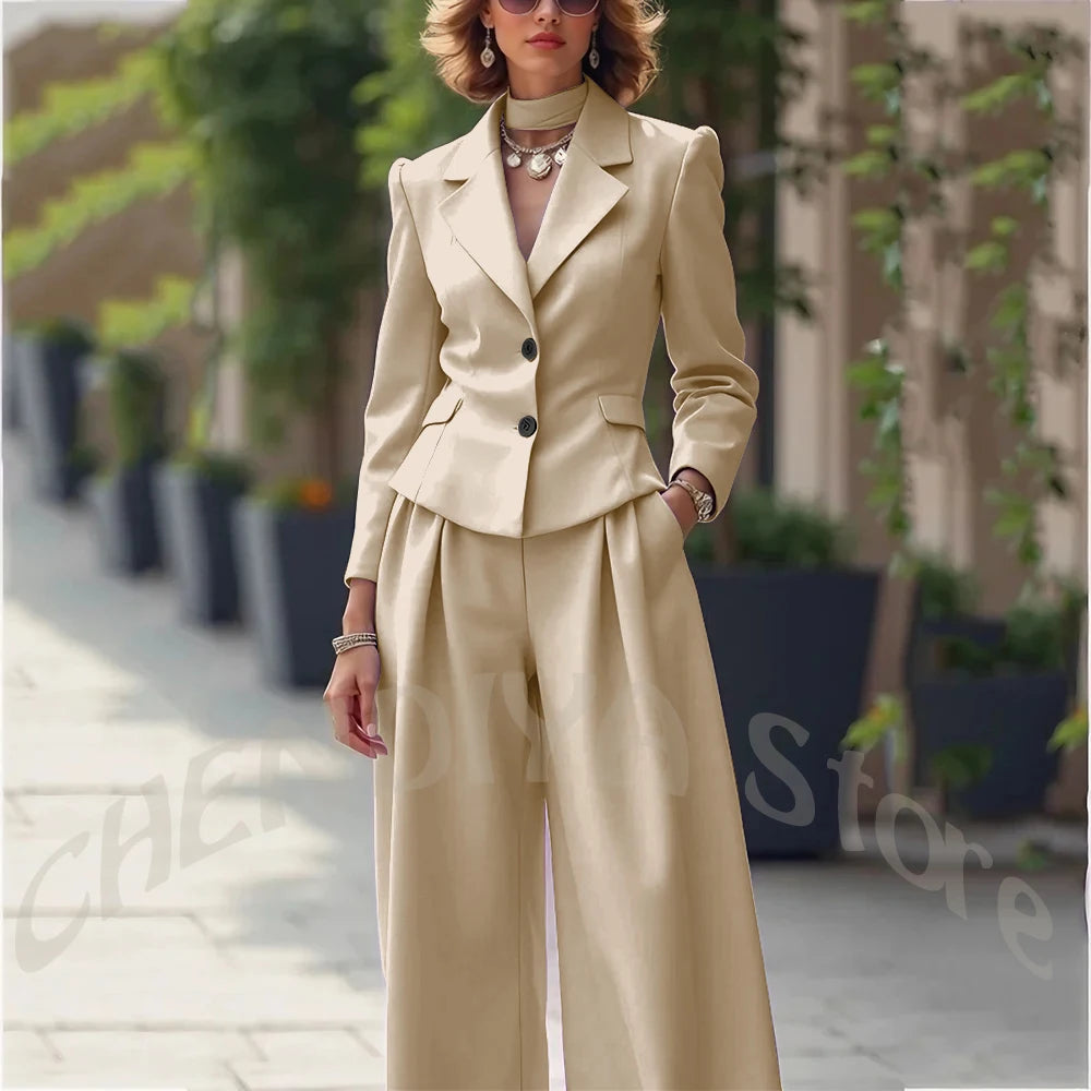 Elegant Notch Lapel Tailored Two Piece Suit Set for Women