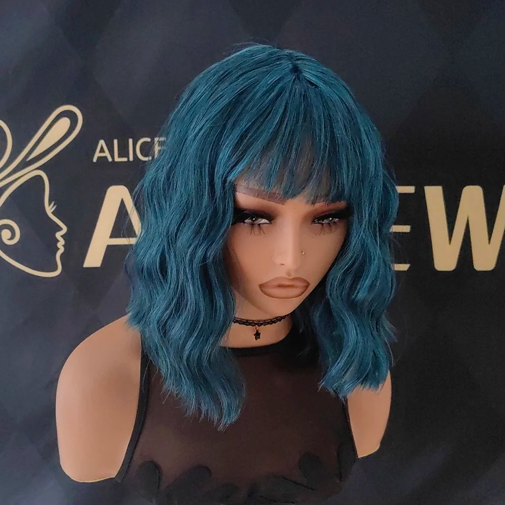 Heat Resistant Blue Body Wave Bob Wig With Bangs For Women