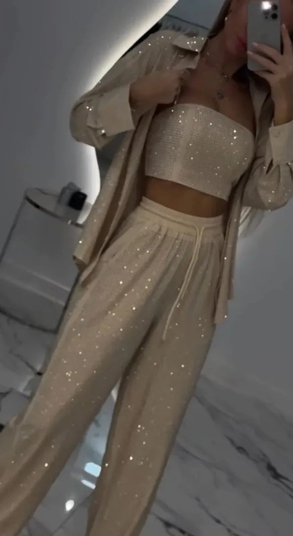 Casual Sequined Blazer With Wide Leg Pants Set For Women