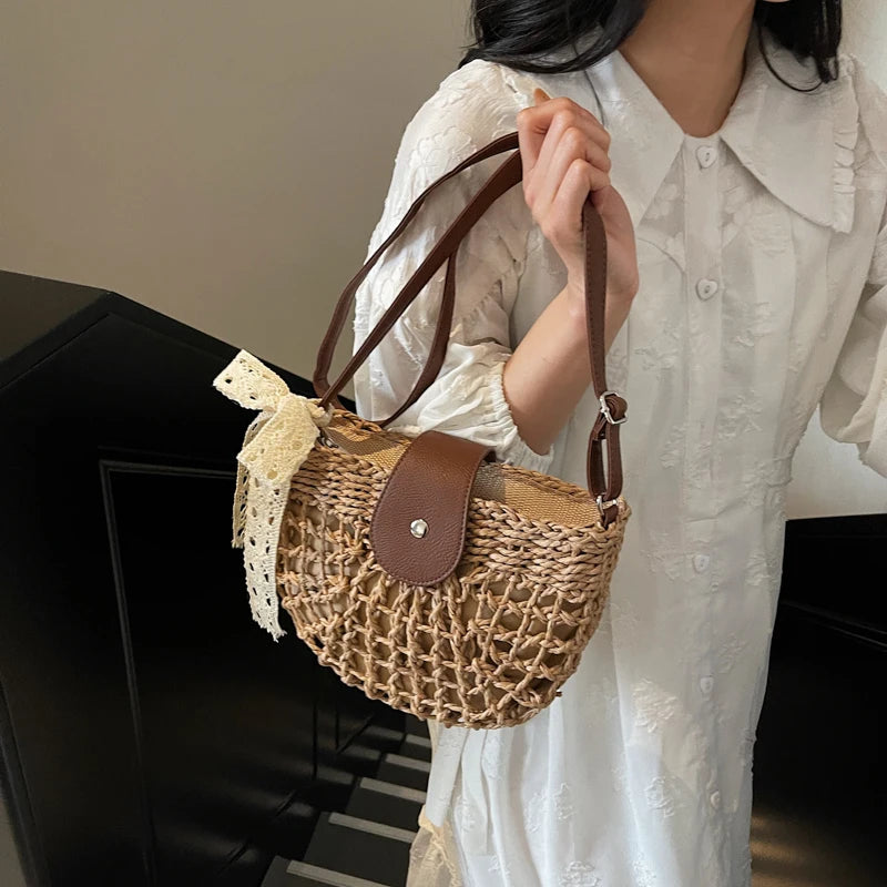 Straw Knitted Shoulder Bag With Bowknot Handmade for Women