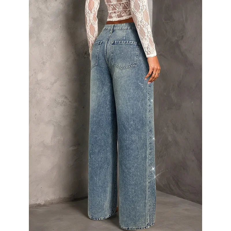 Rhinestone Decor High Waist Stretch Denim Jeans for Women