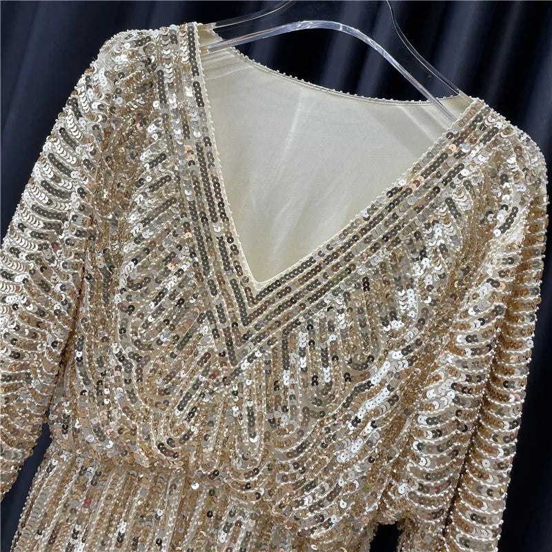 Ladies New Heavy Handmade Bling Beaded Sequins Batwing Sleeve Top Slimming Oversized Blouse Elegant Nightclub Pullover Shirts