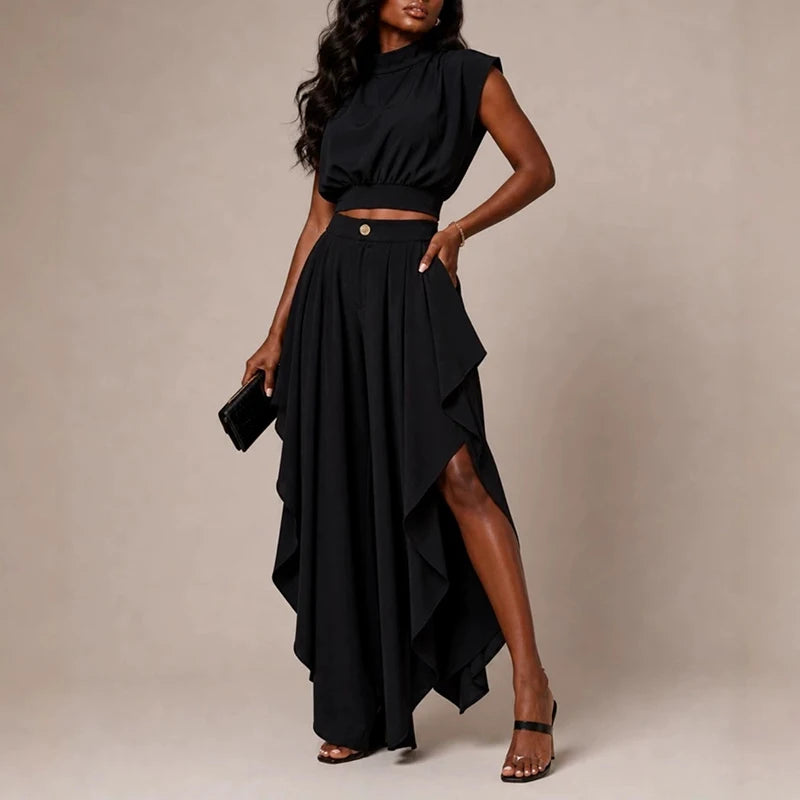 Elegant Ruffled Crop Top and Wide Leg Pants Set for Women