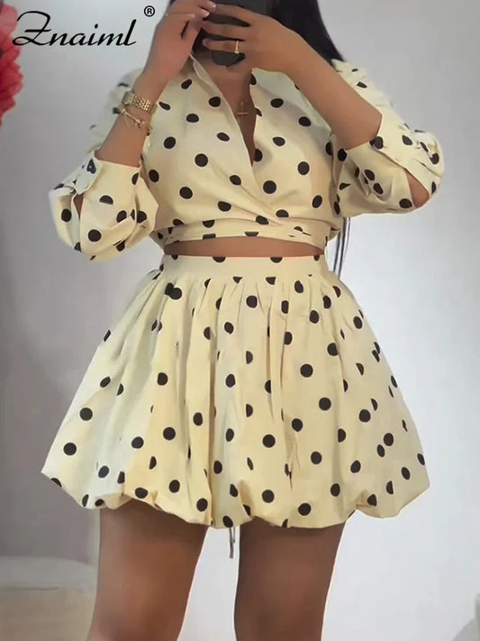 Znaiml Elegant Apricot Women 2 Piece Set Birthday Party Outfit Long Sleeve Crop Top and Ball Bown Skirt Polka Dot Suit Beachwear