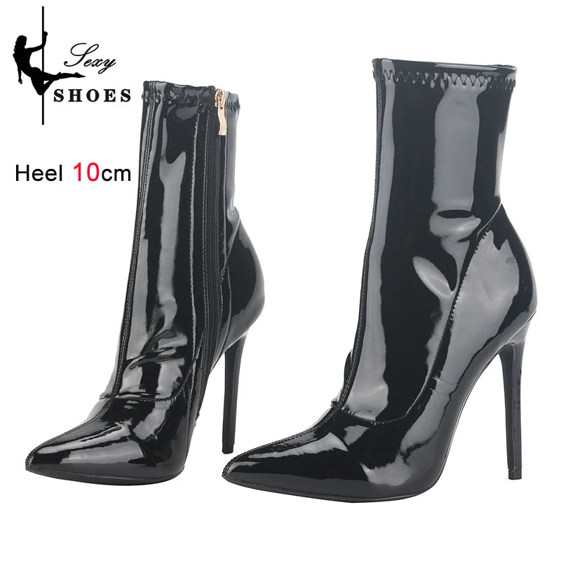 Glossy Patent Leather Ankle Boots with Thin Heels for Women