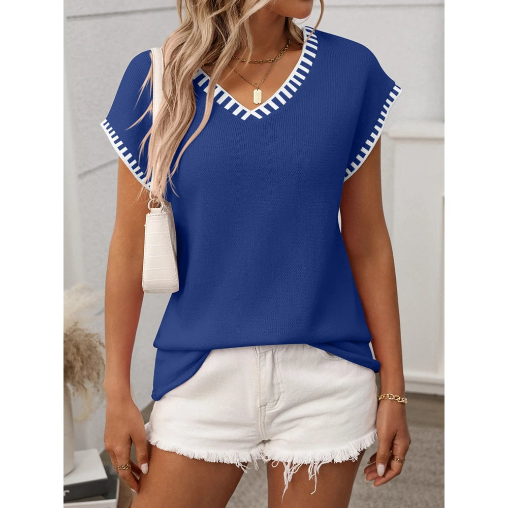 2025 Summer Women's Striped Ribbed Knitted V Neck Short Sleeve T-Shirts Femme Fashion Colorblock Casual Tops Streetwear