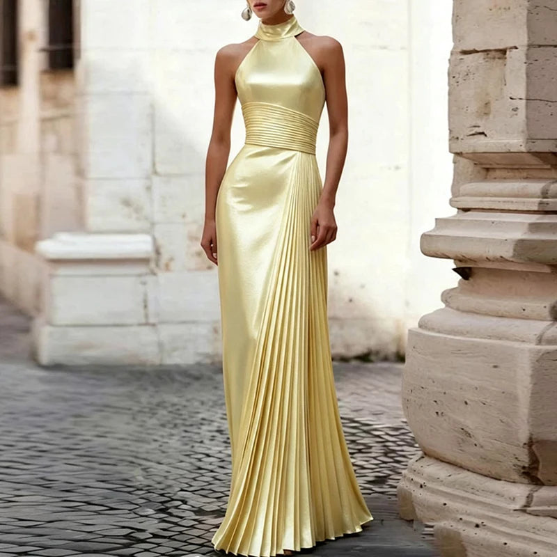 Elegant Halter Neck Pleated Backless Maxi Dress for Women