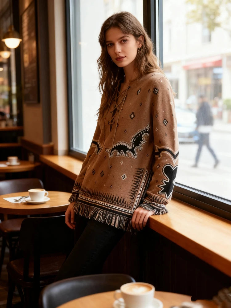 Ethnic Tassel Women 's Sweater Knitted V-neck Bandage Thicken Full Sleeve Jumper For Woman Winter Woman Coats Jacket Knitwear