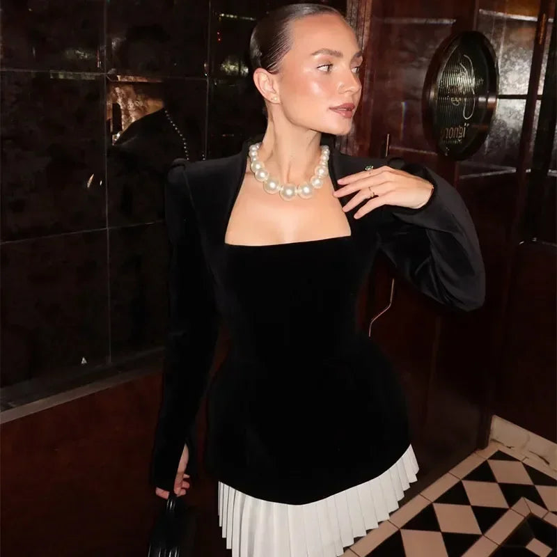 Elegant Splicing Velvet Women Pleated Skirt Chic Long Sleeved Waist Slimming Square Neck Dress Lady Party Vacation Dresses