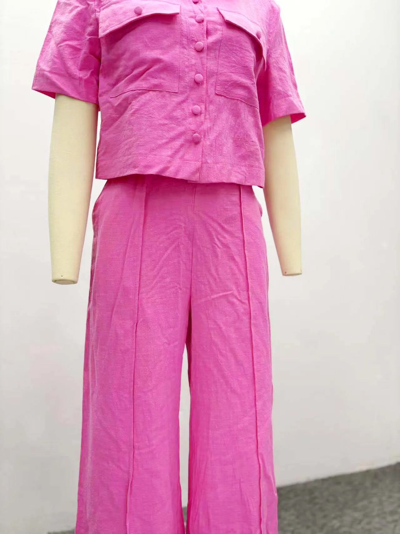 Two Pieces Women Pant Sets Solid Matching Sets Pocket Button Short Sleeve Top Empire Waist Wide Leg Pants Loose Fit 2025 Summer