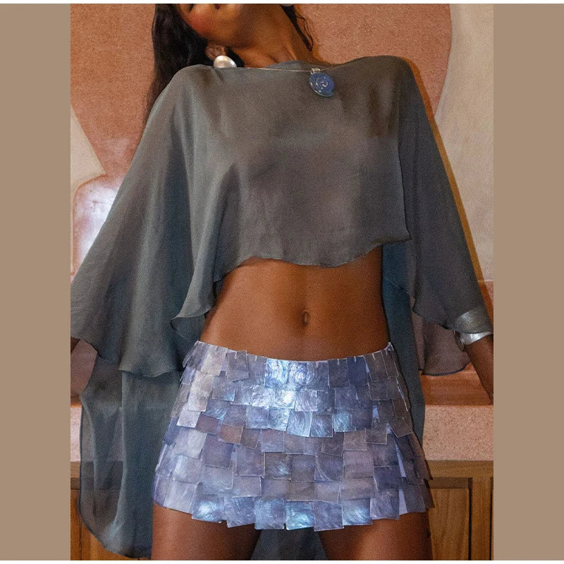 Sheer Chiffon Cape Top and Sequin Mini Skirt Set for Women