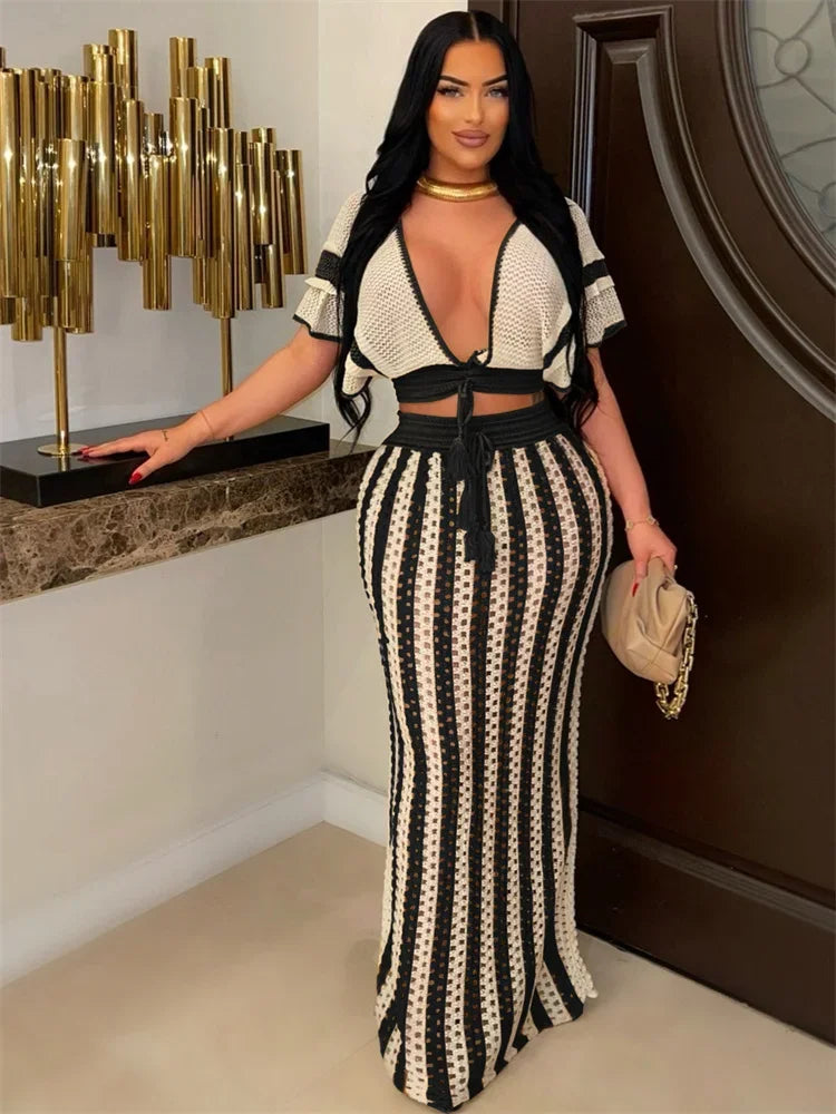 Wmstar Women Two Piece Set Sexy Elegant Knitted Crochet Beach Stripe Crop Tops Long Skirts Matching Set Holiday Birthday Outfits