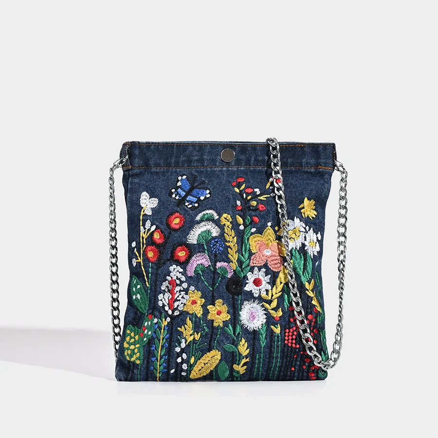 Embroidered Floral with Chain Shoulder Bag for Women