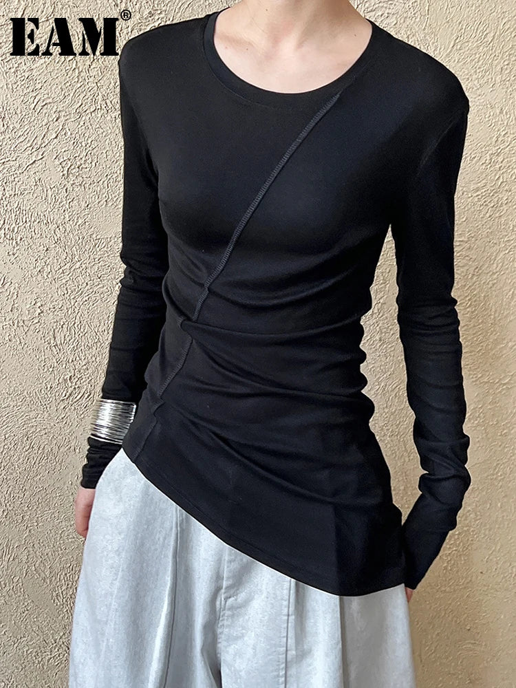 [EAM] Women Gray Thin Perspective Slim Irregular T-shirt New Round Neck Long Sleeve Fashion Tide Spring Autumn 2025 1DH9981