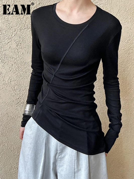 [EAM] Women Gray Thin Perspective Slim Irregular T-shirt New Round Neck Long Sleeve Fashion Tide Spring Autumn 2025 1DH9981