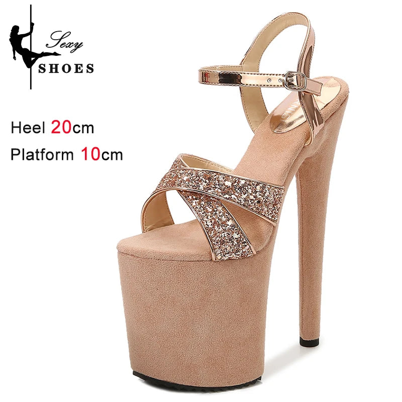 Elegant Sequined Gold High Heel Platform Sandals for Women