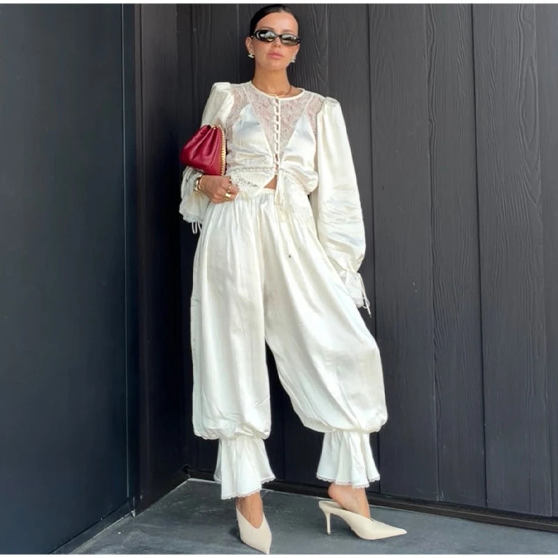 Tailored Lapel Jacket and Pleated Trousers Set for Women