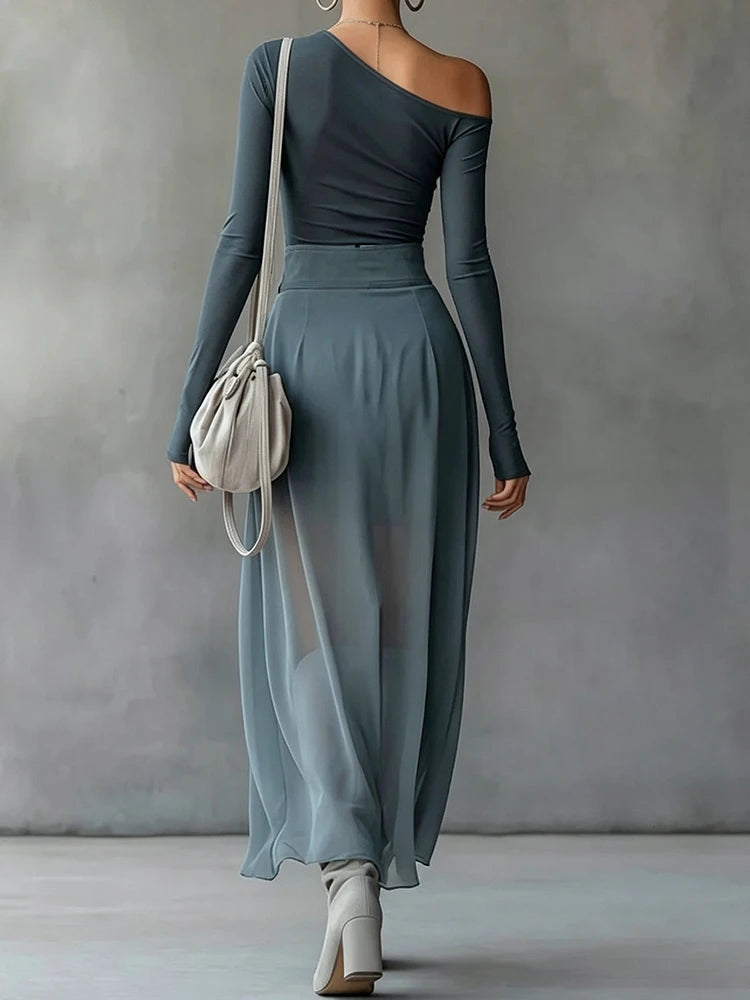Patchwork Top And Maxi Skirt Two Piece Set for Women