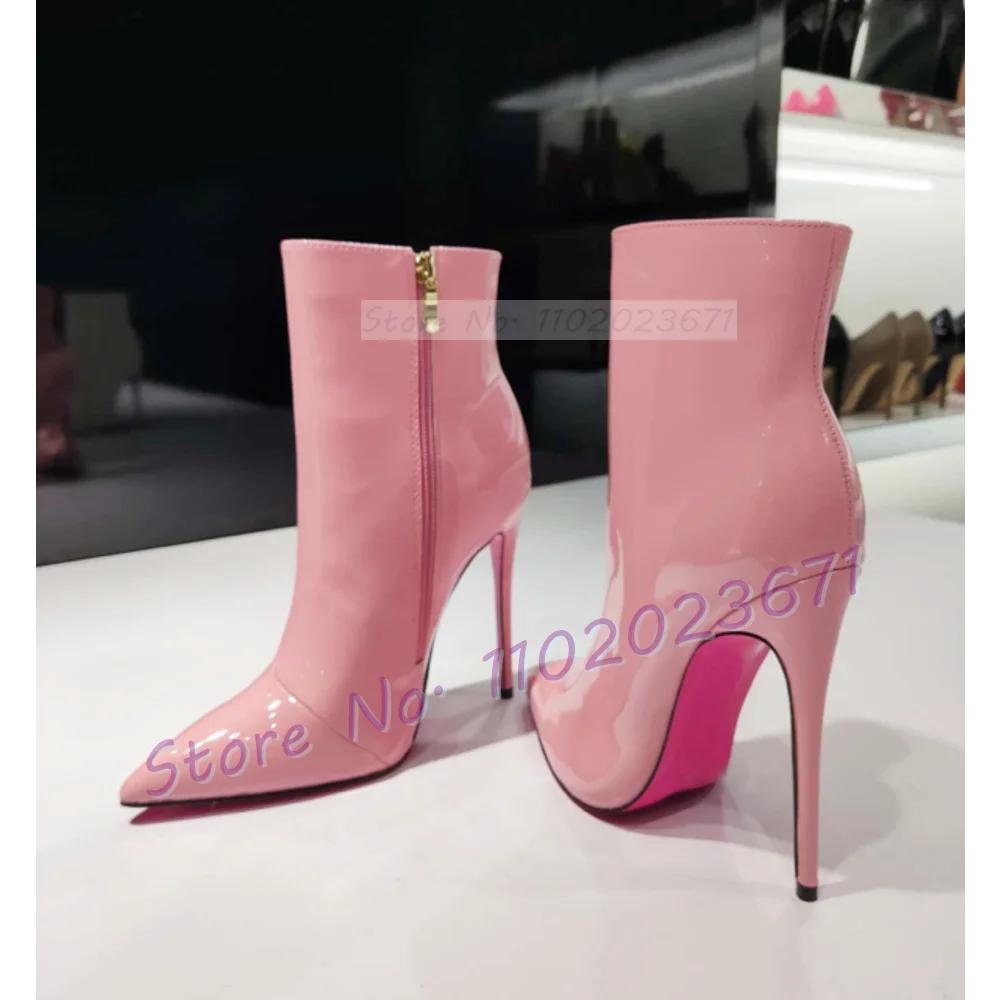 Pink Sole White Ankle Boots Women Pointed Toe Stylish Patent Leather High Heels Boots Female Elegant Casual Crocodile Shoes