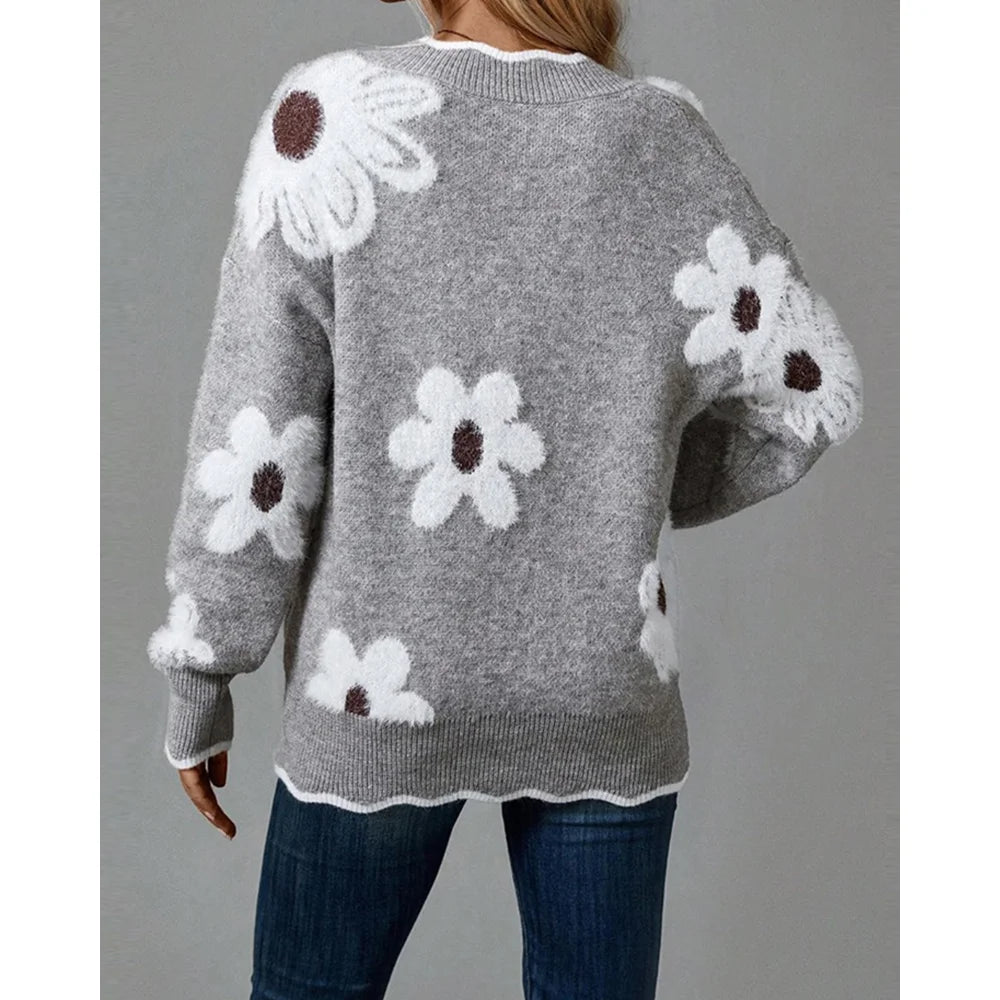 Women Contrast Binding 3D Flower V Neck Long Sleeve Pullover Sweater Casual Loose Fit Fall Top for Autumn Winter Outfits