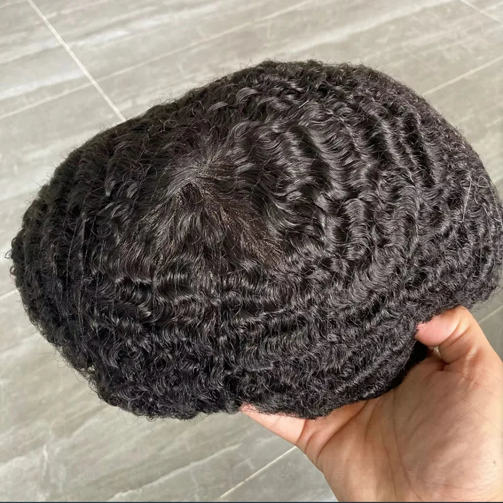 Curly Human Hair Toupee Replacement System for Men